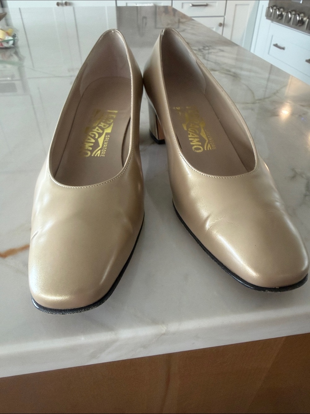 Salvatore Ferragamo Soft Gold/Beige Leather Square-Toe Block Heel Pumps - Picture 4 of 10